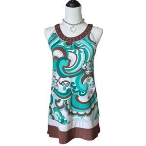 2000s Limited Too blue and brown retro a-line top with rhinestone neckline